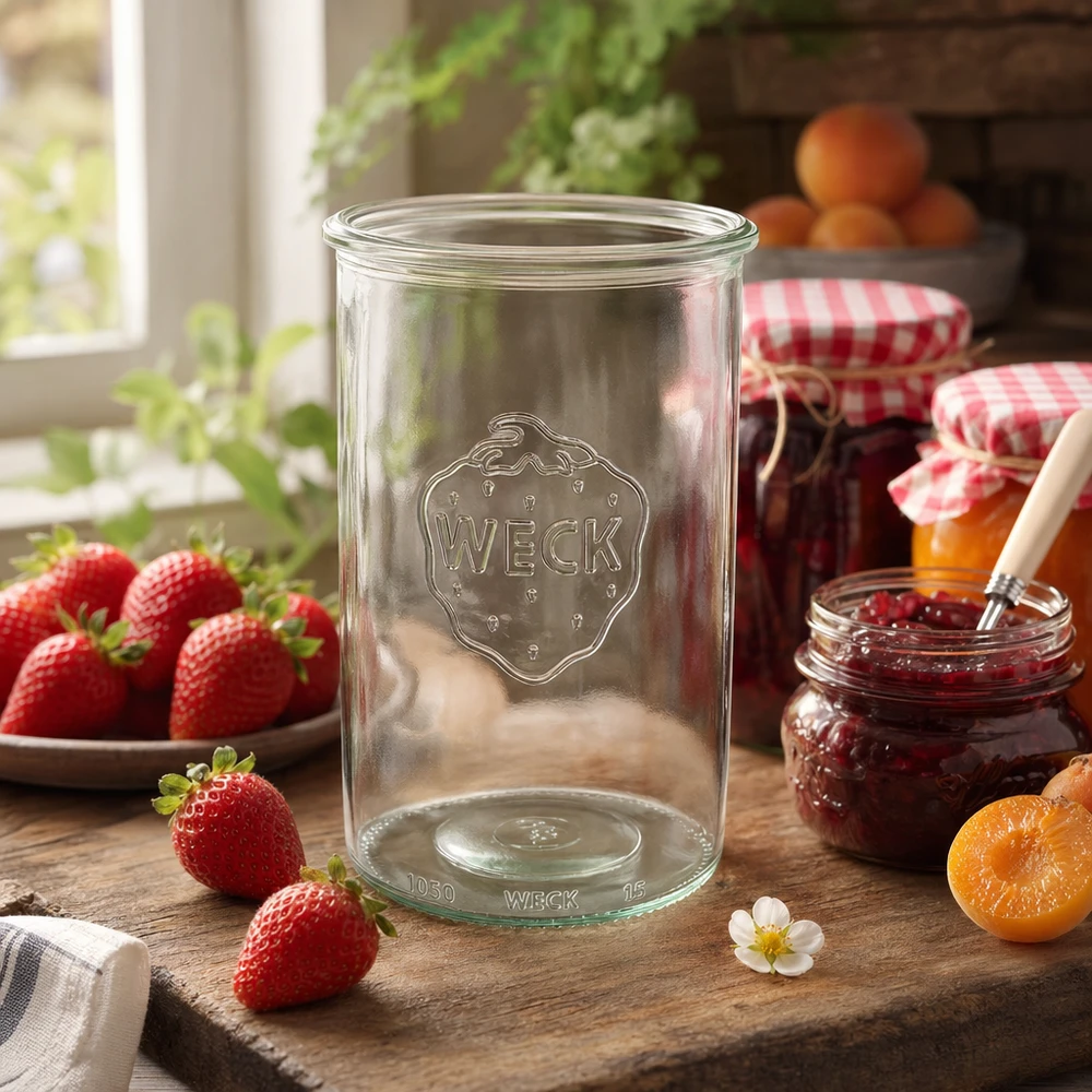1000ml Sturzglas WECK RR100 1000ml WECK Sturzglas RR100 Einmachglas auf Holztisch mit frischen Erdbeeren und selbstgemachter Marmelade