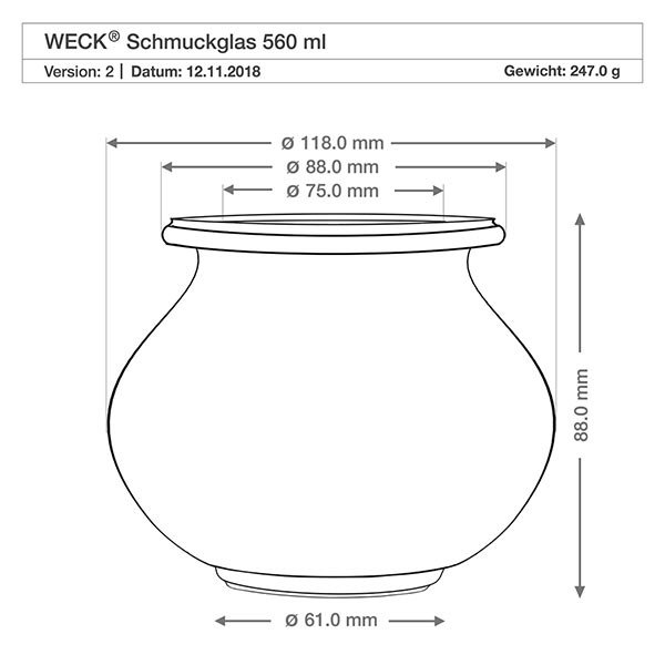 560ml Schmuckglas WECK RR80 mit Korken natur WECK Schmuckglas 560ml RR80 technische Zeichnung mit Maßangaben Durchmesser Höhe Gewicht Produktspezifikation