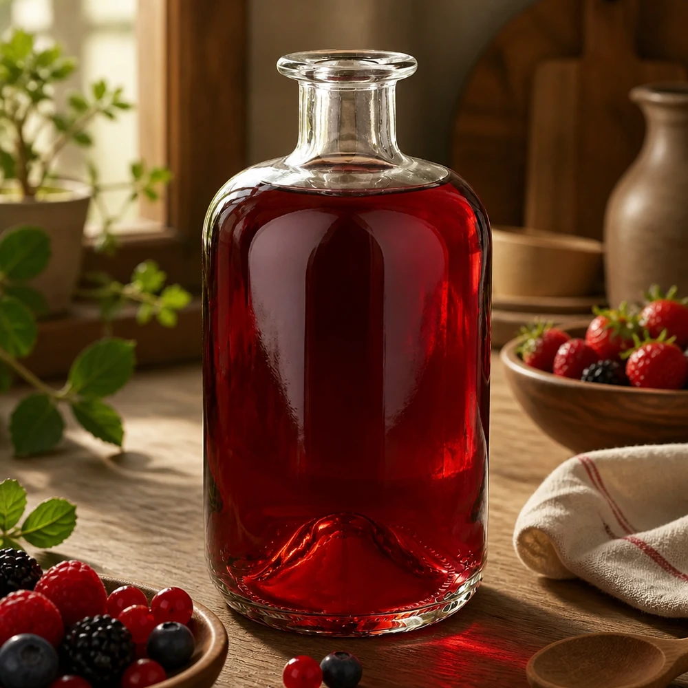 500ml Glasflasche "Luna" ohne Verschluss UNiTWIST Glasflasche Luna 500ml mit rotem Beerensaft befüllt zwischen frischen Beeren auf rustikalem Holztisch als Deko-Inspirati