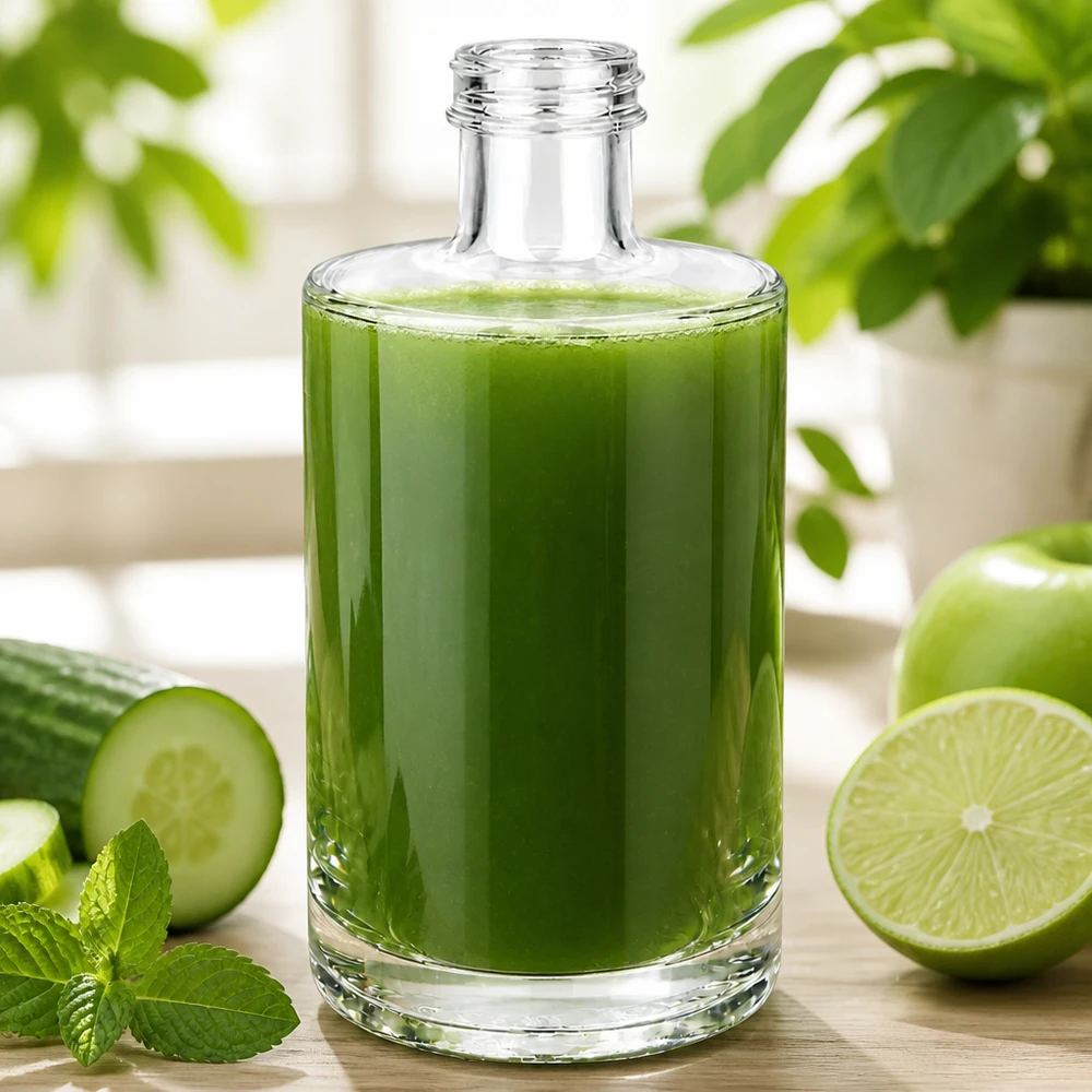 375ml Glasflasche "Sam" ohne Schraubverschluss UNiTWIST 375ml Glasflasche Sam mit grünem Smoothie gefüllt neben Gurke Limette und Minze auf hellem Holzuntergrund
