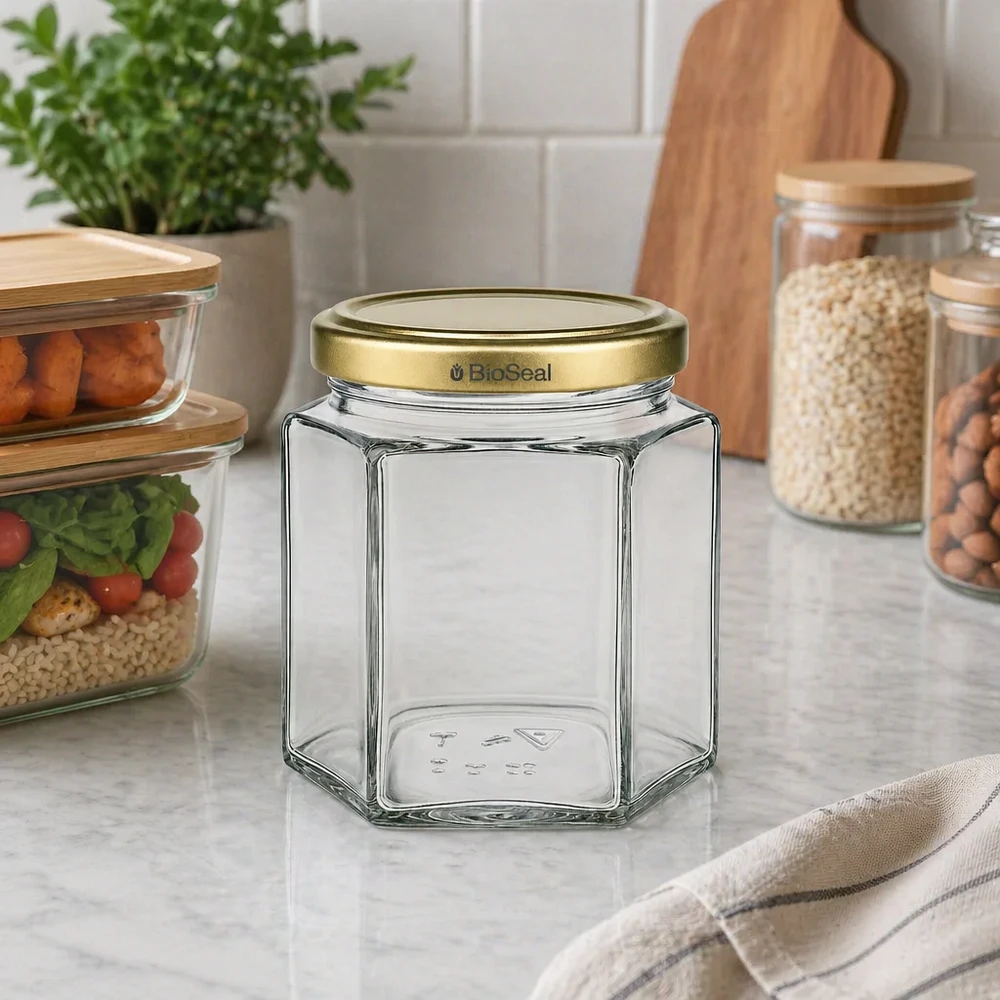 520g Honigglas mit goldenem Deckel BioSeal UNiTWIST Leeres 520g BioSeal Honigglas hexagonal mit Golddeckel auf Küchenarbeitsplatte neben Vorratsgläsern und Küchenutensilien