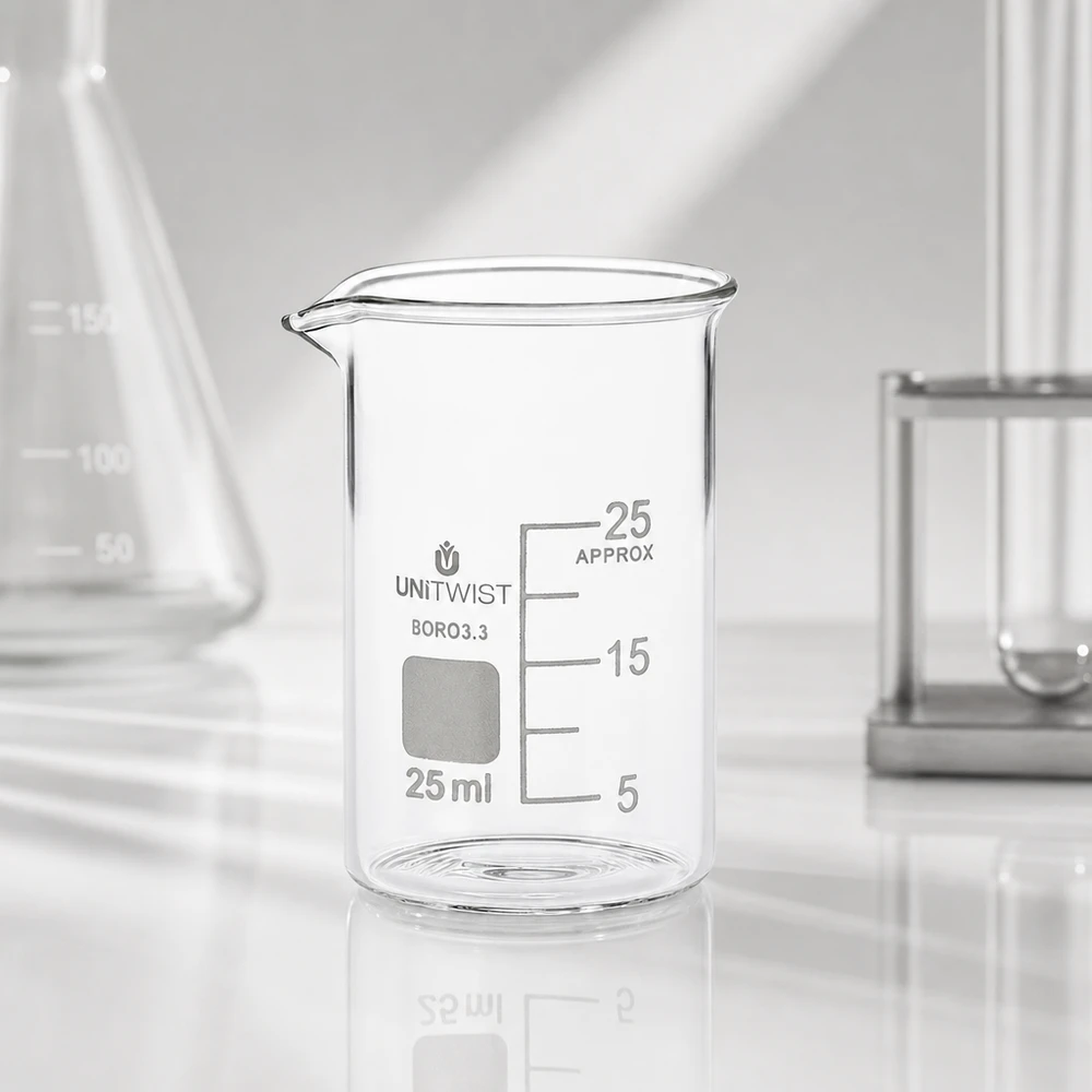 Becherglas 25ml Borosilikat, niedrige Form UNiTWIST UNiTWIST Becherglas niedrige Form 25ml Borosilikat mit grauem Beschriftungsfeld für Labormarkierungen