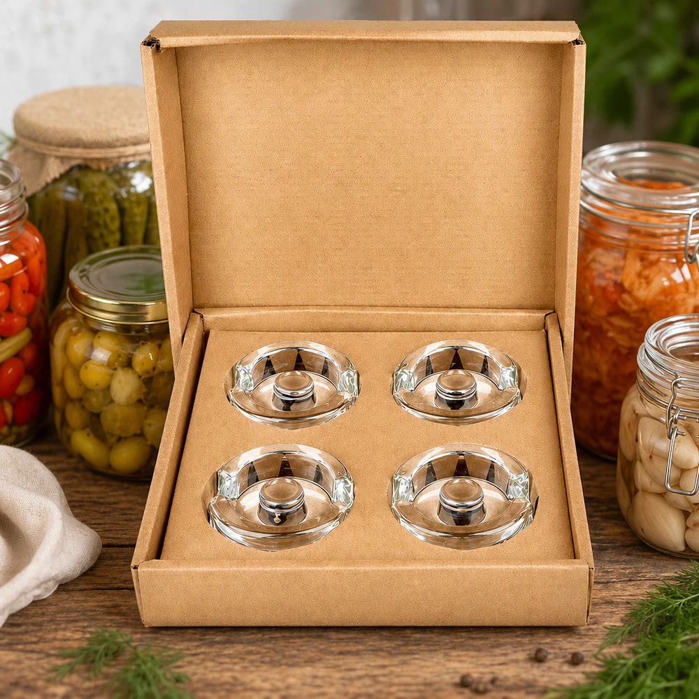 Fermentier-Glasgewichte mit Griff 4er Set UNiTWIST Vier UNiTWIST Fermentier-Glasgewichte mit Griff in Geschenkbox neben eingelegtem Gemüse und Einmachgläsern