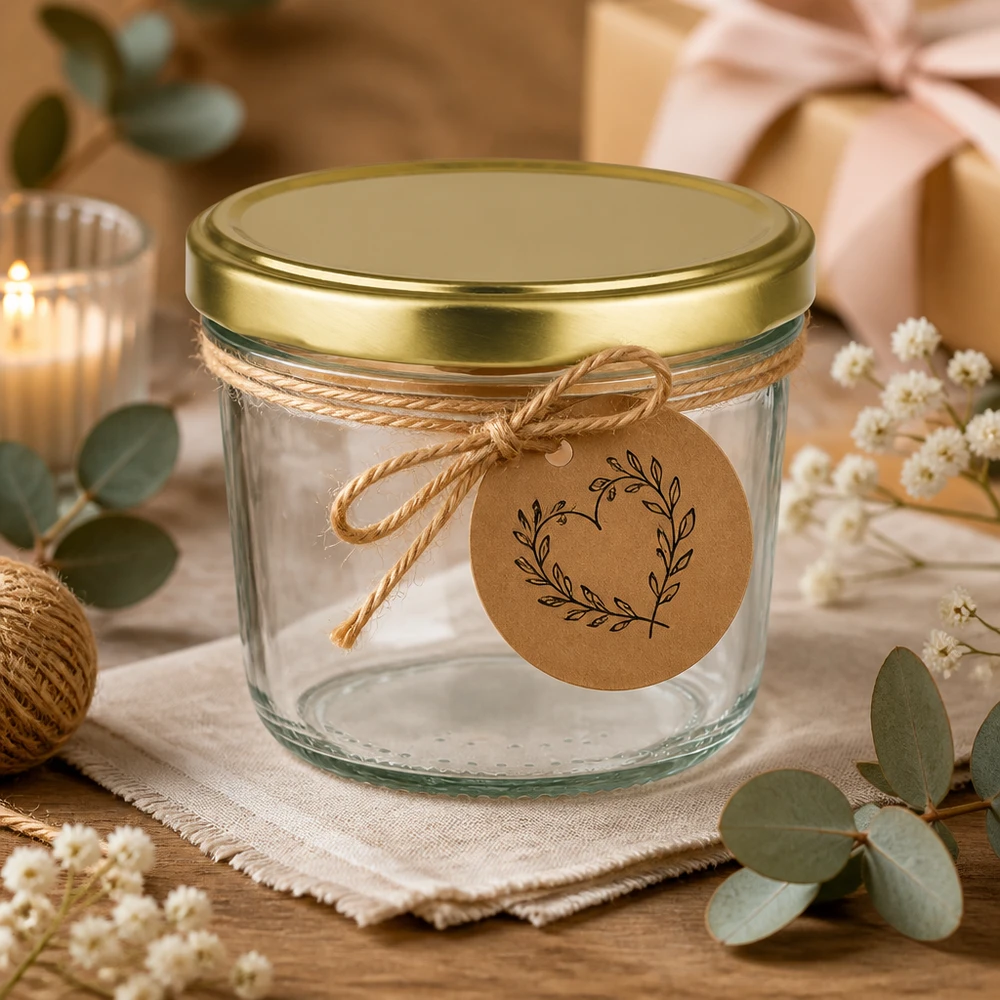 230ml Sturzglas mit BasicSeal Deckel gold UNiTWIST 230ml Sturzglas BasicSeal gold UNiTWIST dekorativ arrangiert mit Geschenkband und Kraftpapier-Anhänger