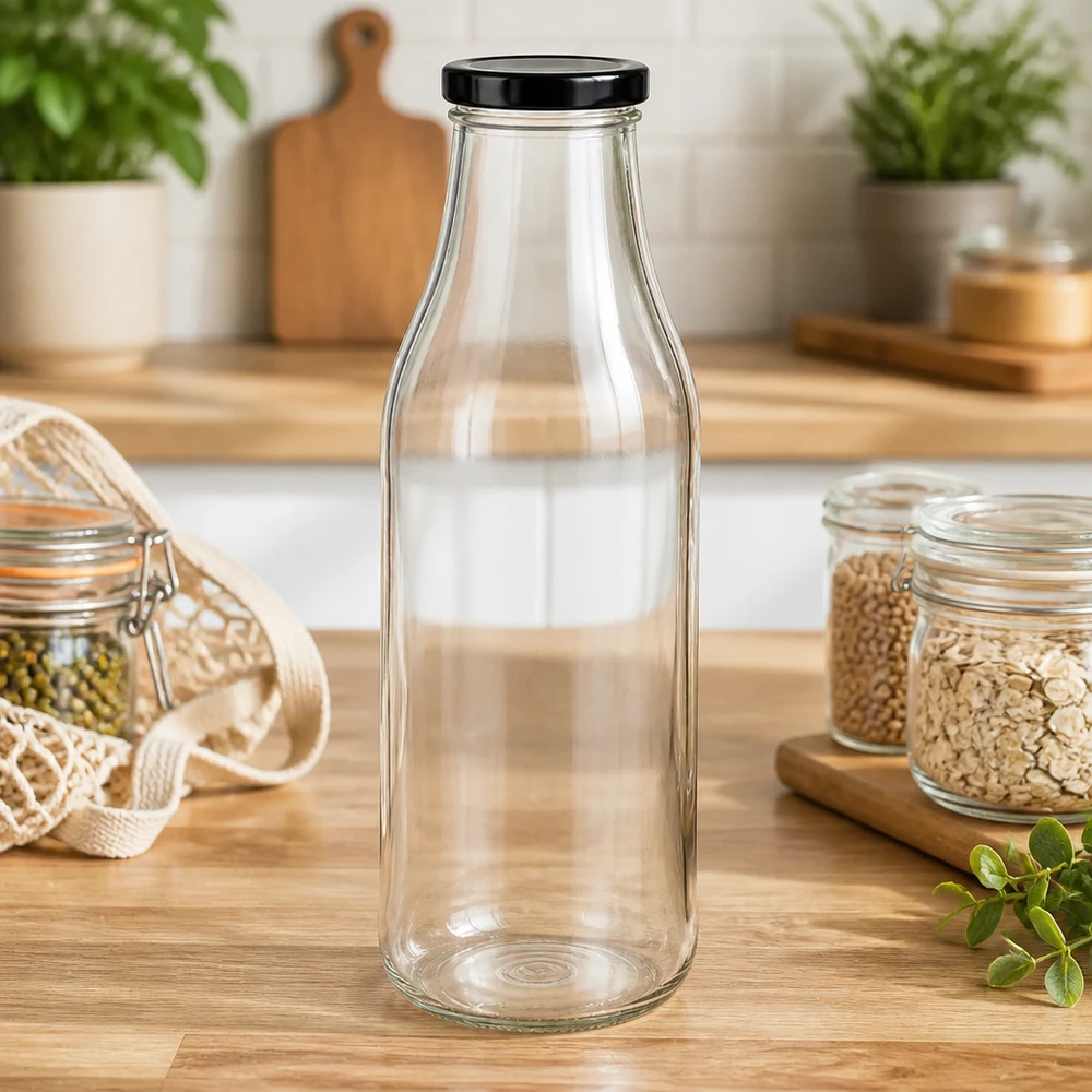 1000ml Glasflasche + BasicSeal Deckel schwarz UNiTWIST 1000ml Glasflasche mit schwarzem Deckel in Zero-Waste Küche zwischen Vorratsgläsern und nachhaltigen Utensilien