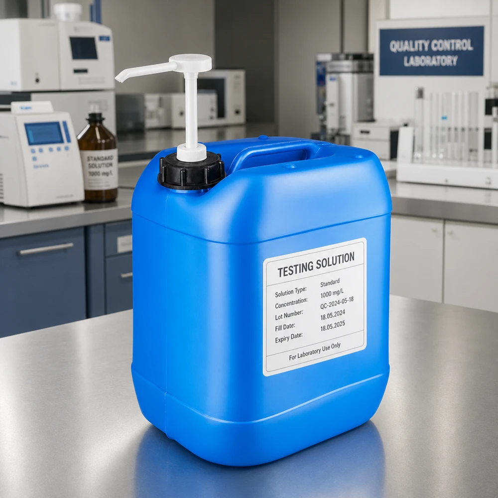 Großformatiger blauer Kunststoffbehälter 20 Liter mit weißer Pumpe für Flüssigkeiten in der Analytik