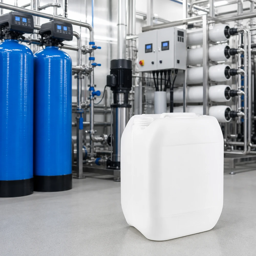 Transluzenter 10 Liter Kunststoffkanister ohne Verschluss neben blauen Filtertanks