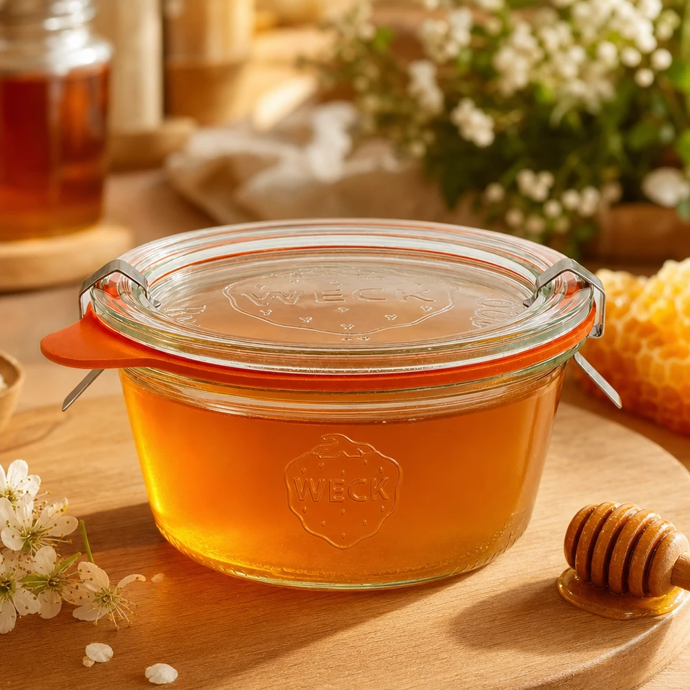 290ml Sturzglas niedrig komplett WECK RR100 WECK Sturzglas 290ml RR100 mit goldenem Honig gefüllt neben Honiglöffel und Waben als natürliche Aufbewahrung