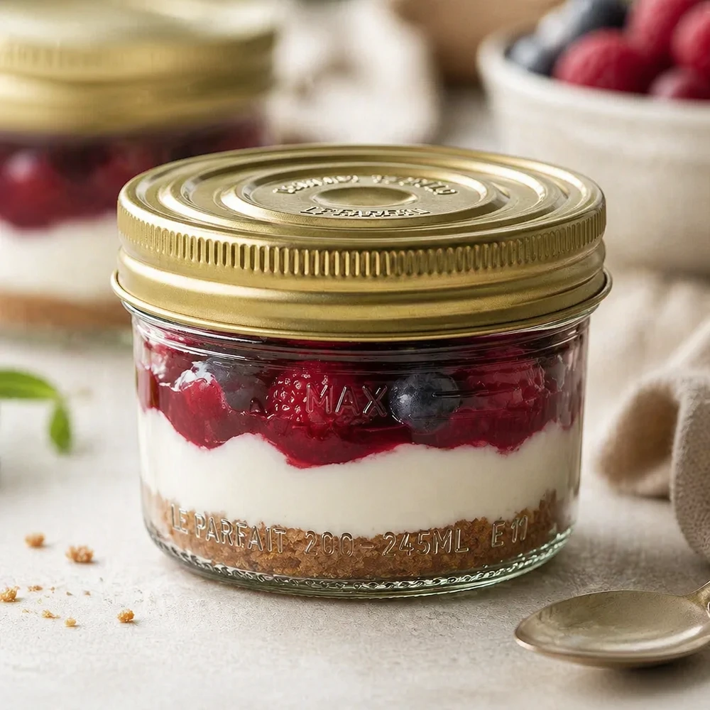 245ml Sturzglas "Familia Wiss" 2-teiliges Deckelsystem Le Pa 245ml Sturzglas Familia Wiss mit goldenem Deckel gefüllt mit Dessert aus Beeren und Creme auf Holztisch