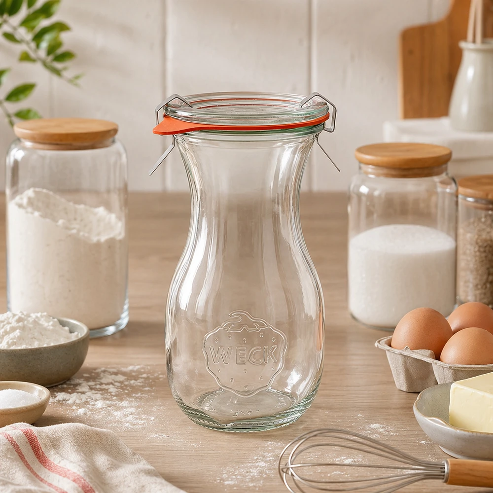 290ml Saftflasche komplett WECK RR60 WECK Saftflasche 290ml RR60 leer in moderner Küche zwischen Backzutaten und Vorratsgläsern auf Arbeitsplatte