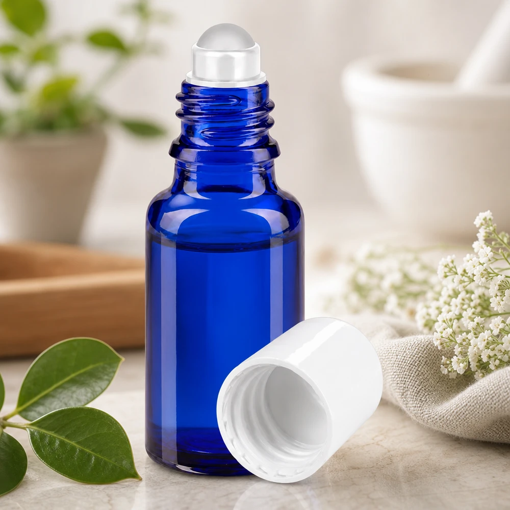 Schlanke 20ml Roll-On Flasche in Kobaltblau mit weißem Verschluss für Aromatherapie