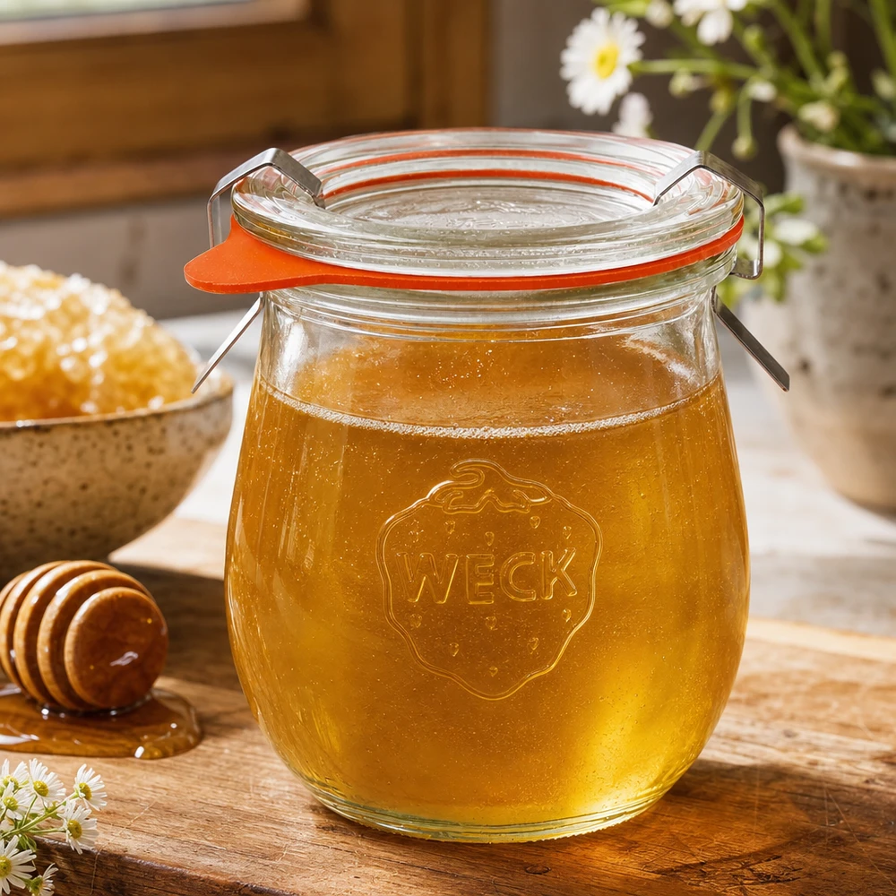 WECK Tulpenglas 220ml RR60 mit Honig gefüllt auf Holztisch neben Honiglöffel und Waben in rustikaler Küche