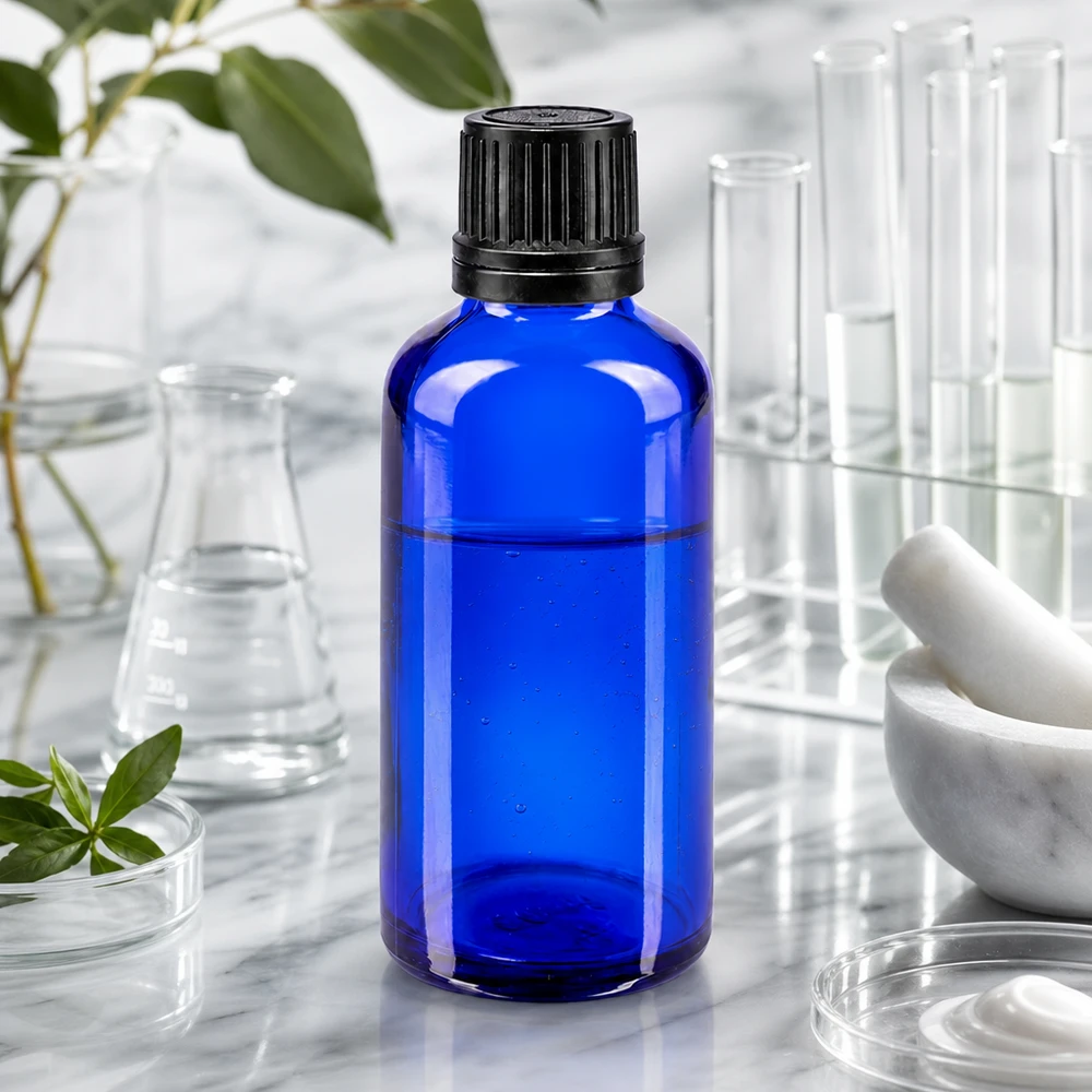 Pharmazeutische Tropfflasche 50ml in Kobaltblau mit OV-Schraubverschluss im wissenschaftlichen Umfeld