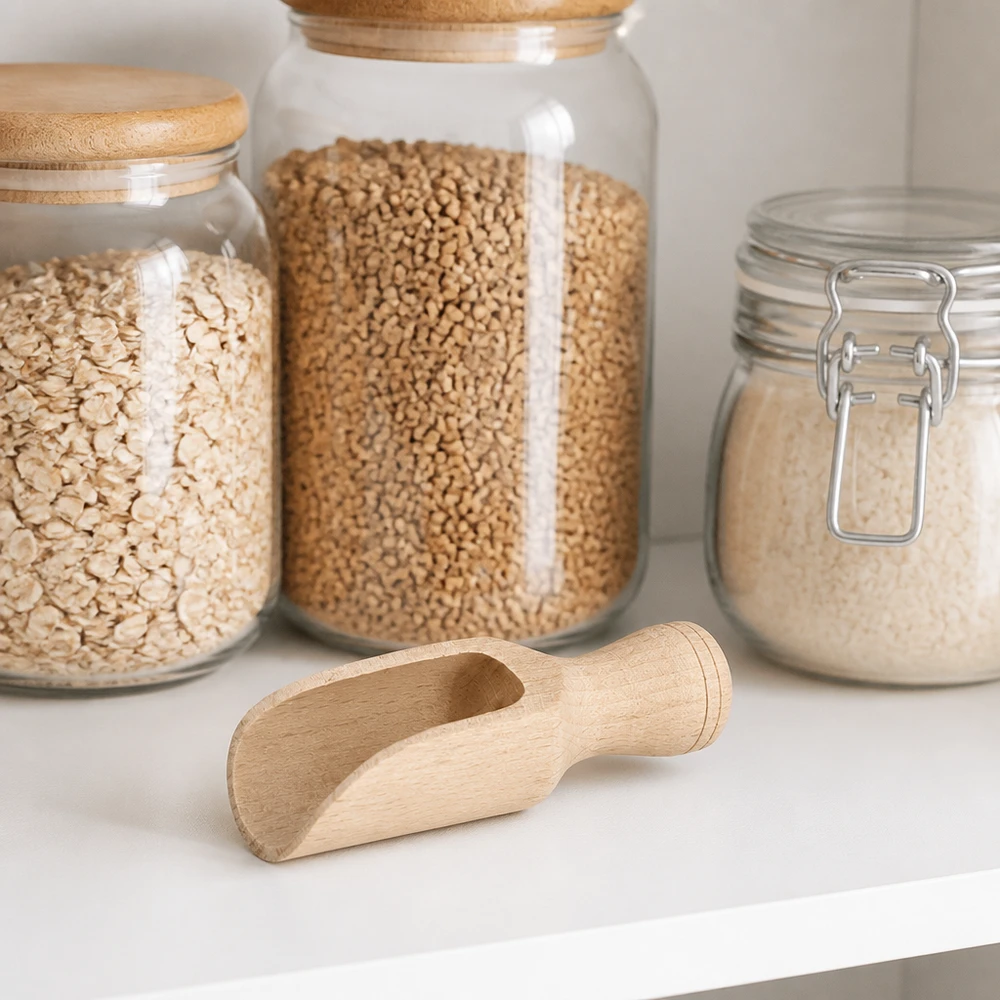Holzschaufel Grösse S halbrunde Form - 75mm lang Buchenholz Schaufel S 7,5cm im Pantry-Setting mit Vorratsgläsern für Getreide Hülsenfrüchte und Mehl