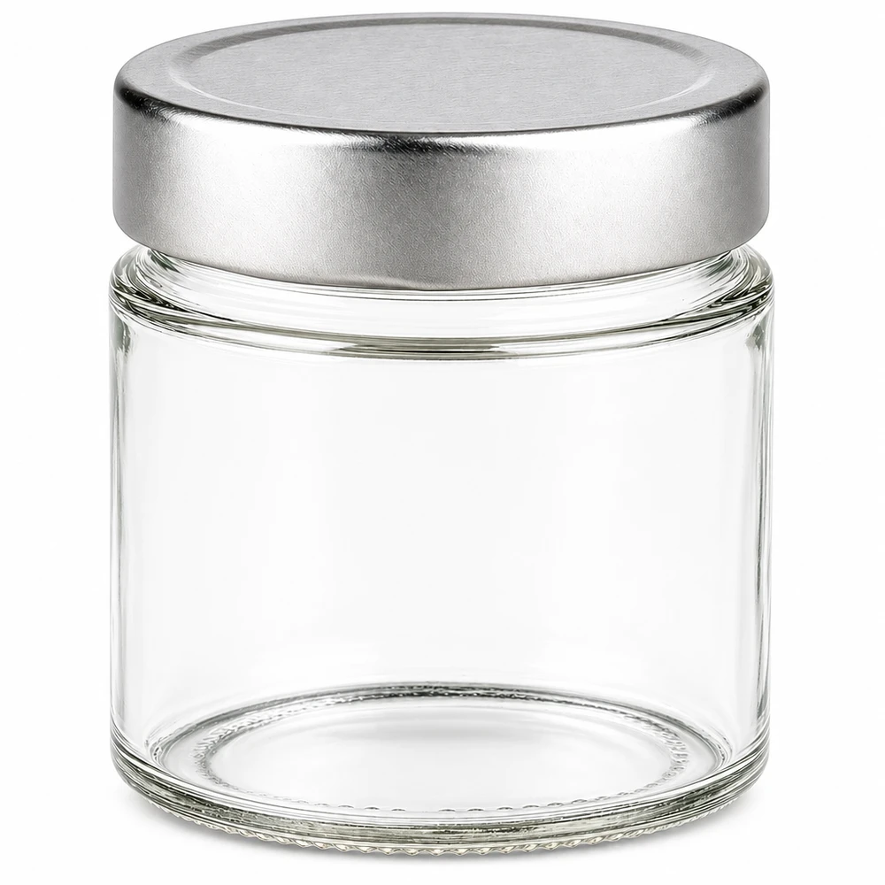 135ml Rundglas + BasicSeal Deckel silber deep UNiTWIST 135ml Rundglas mit silbernem BasicSeal Deckel leer auf weißem Hintergrund Glaskonserve Vorratsglas