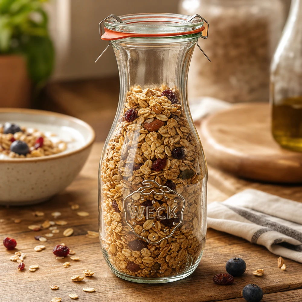 WECK 530ml Saftflasche RR60 mit Müsli gefüllt zeigt vielseitige Aufbewahrung von Cerealien und Trockenfrüchten