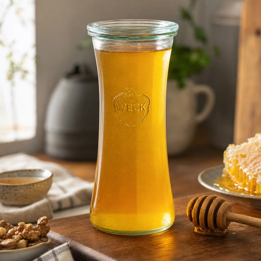 WECK Delikatessenglas 700ml RR80 mit Honig gefüllt neben Honigwabe und Honiglöffel in gemütlicher Küche