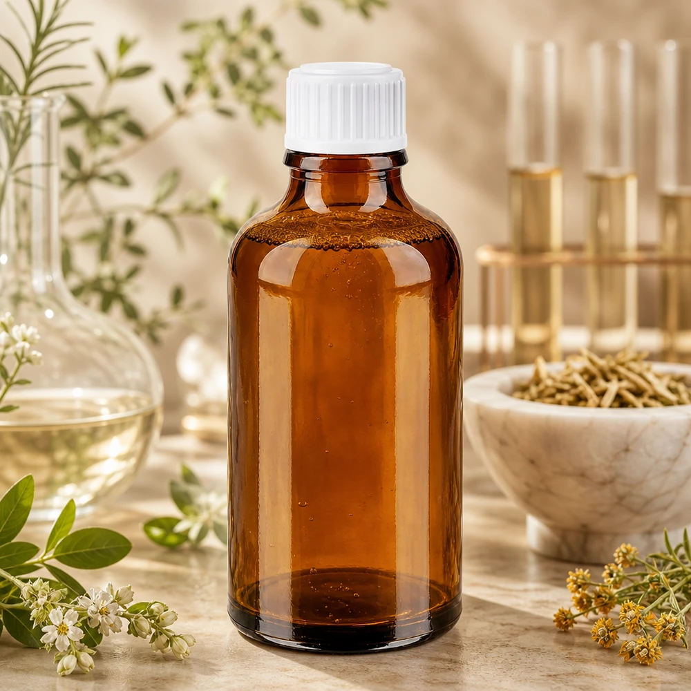 Kompakte braune Apothekerflasche 50ml neben Erlenmeyerkolben und getrockneten Heilpflanzen