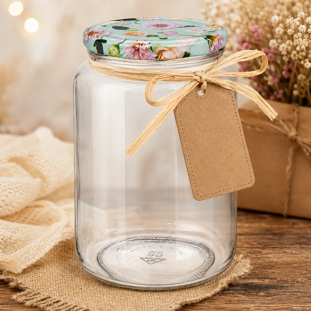 795ml Rundglas + BasicSeal Deckel Blume mint UNiTWIST 795ml Rundglas mit Geschenkband und Anhänger als Präsent, mint Blumen-Deckel für kreative DIY-Geschenkideen