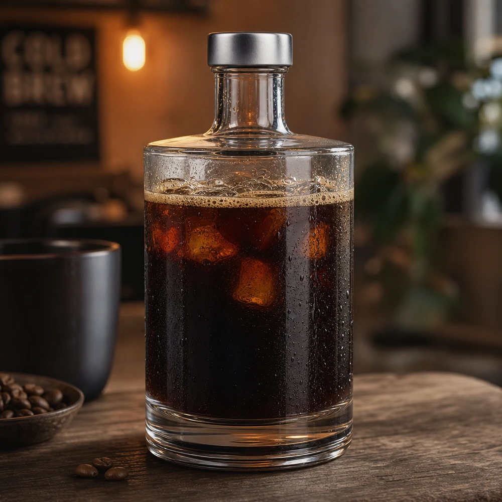 500ml Glasflasche "Sam" + Schraubverschluss silber UNiTWIST 500ml Glasflasche Sam mit Cold Brew Kaffee gefüllt neben Kaffeebohnen und Tasse moderne Küche Szenerie
