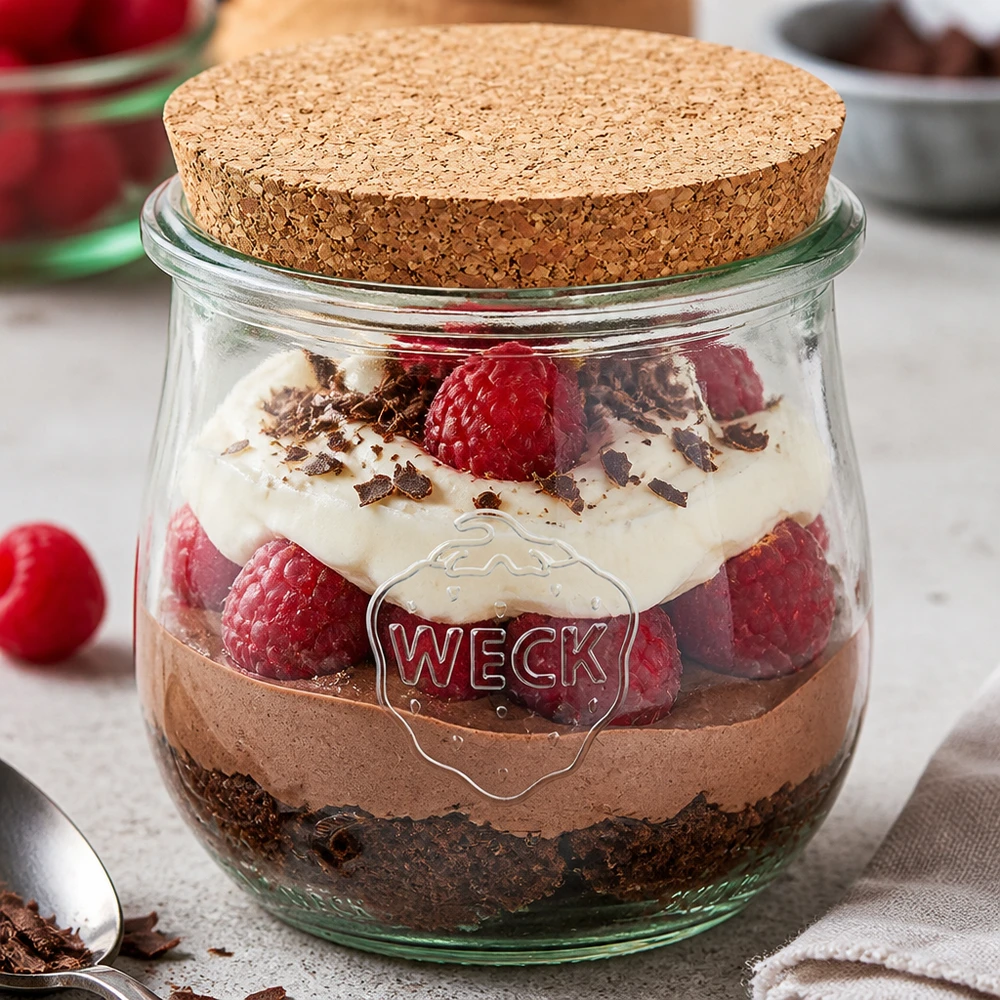 370ml Tulpenglas WECK RR80 mit Korken natur WECK Glas 370ml RR80 mit Korkdeckel als Dessertglas für Schichtdessert mit Schokolade Sahne und Himbeeren