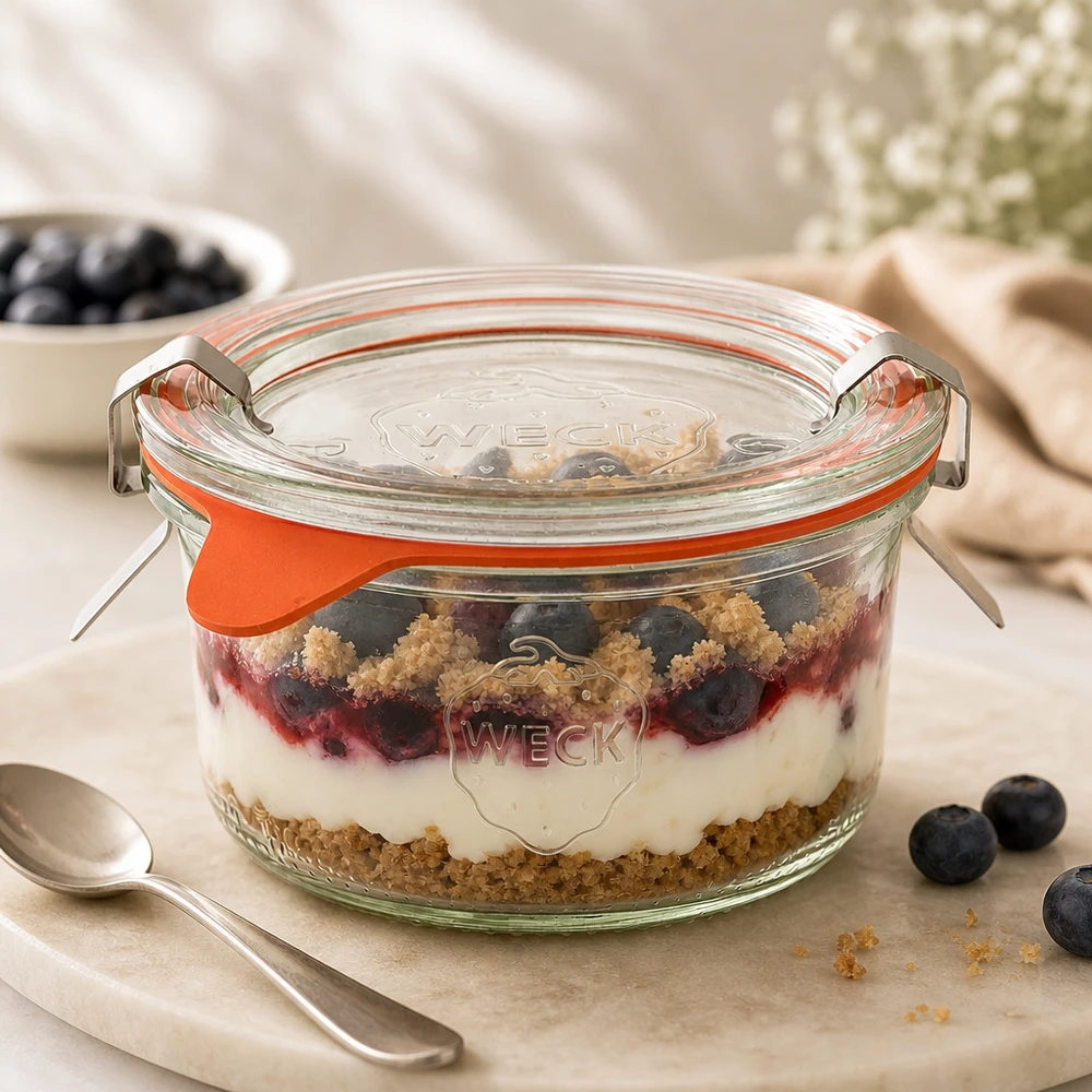 WECK Sturzglas 165ml RR80 mit Schichtdessert aus Blaubeeren, Joghurt und Streuseln als Portion auf Marmorbrett