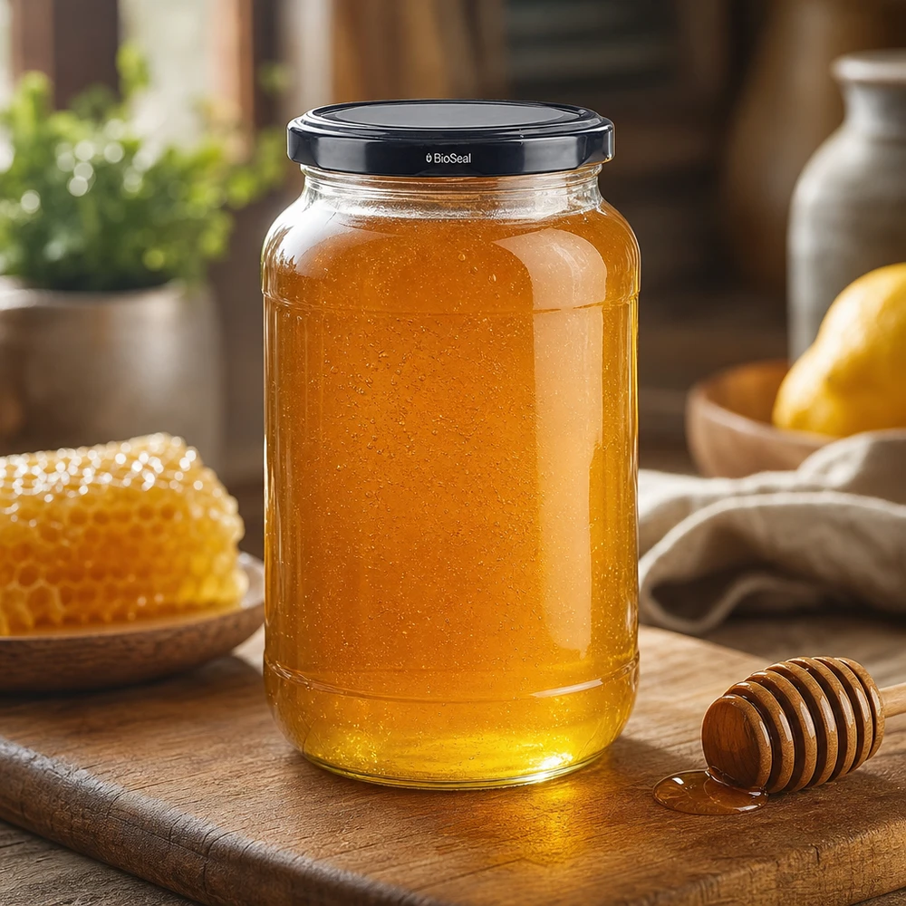 UNiTWIST Rundglas 1062 mit schwarzem TO82 BioSeal Deckel gefüllt mit Honig neben Bienenwabe und Honiglöffel