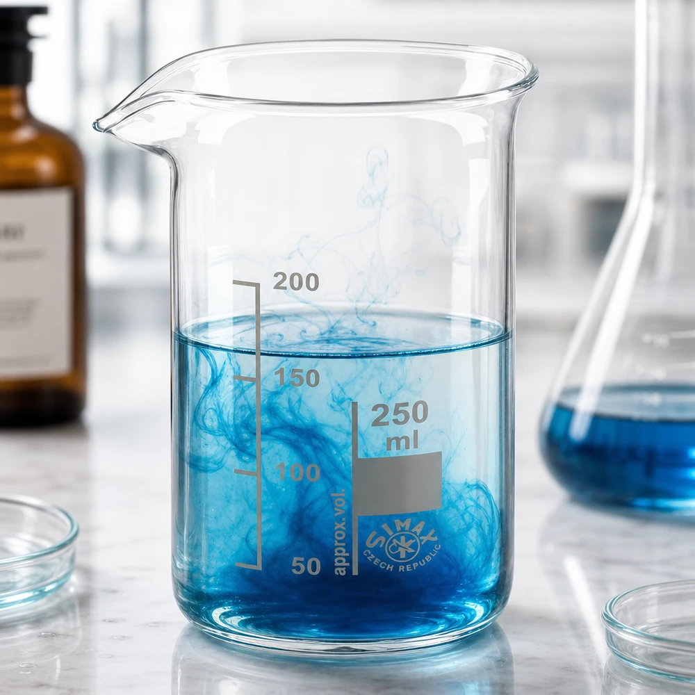 Becherglas 250ml Borosilikatglas, hohe Form Klares Becherglas 250ml mit blauer Tinte die sich in Wasser auflöst Laborexperiment