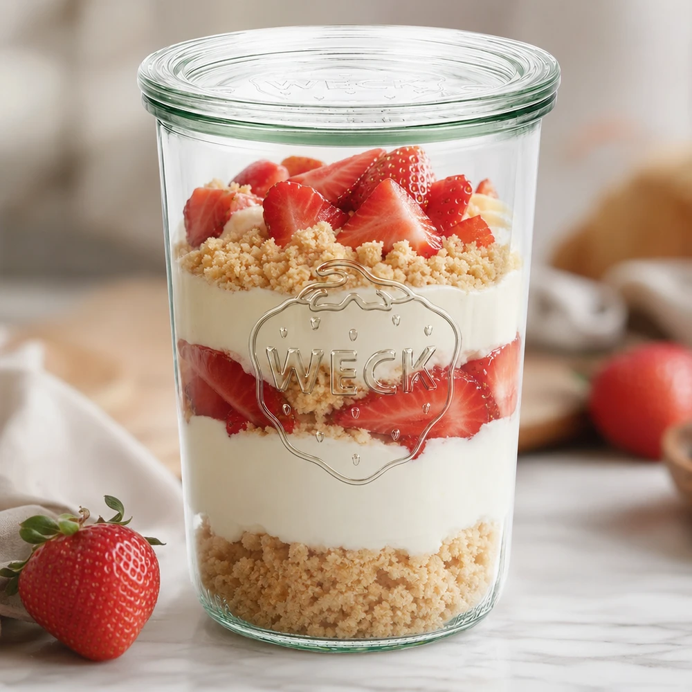 850ml Sturzglas mit Glasdeckel WECK RR100 WECK Sturzglas 850ml RR100 als stylisches Dessertglas mit Erdbeeren und Creme zeigt moderne Tischpräsentation
