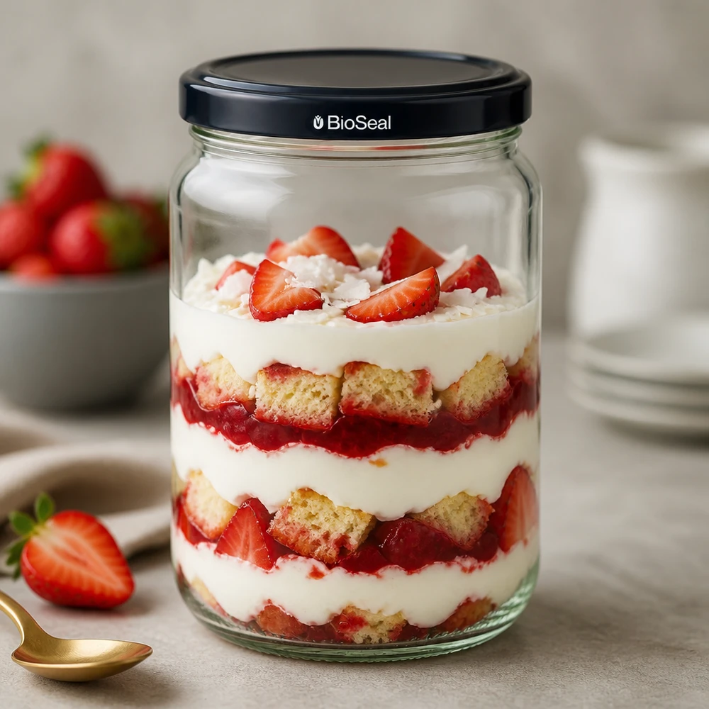 305ml Rundglas + BioSeal Deckel schwarz UNiTWIST UNiTWIST Runda305 Glas mit Schichttrifle und schwarzem BioSeal Deckel gefüllt mit Erdbeeren und Sahne als Dessert