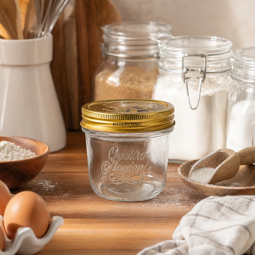 200ml Sturzglas "Quattro Stagioni" mit Deckel 200ml Quattro Stagioni Sturzglas mit goldenem Deckel auf Holzbrett neben Mehl Eiern und Küchenutensilien Made in Italy