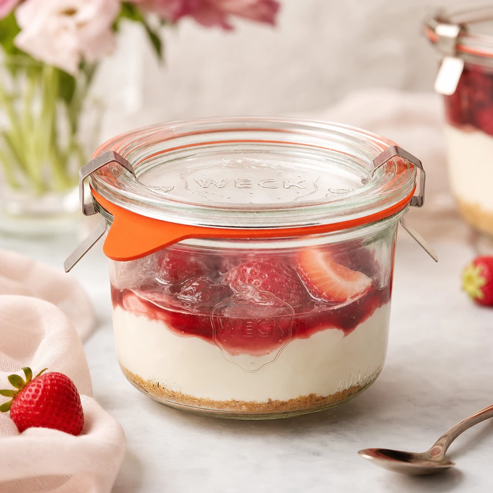 200ml Sturzglas komplett WECK RR80 WECK Sturzglas 200ml RR80 mit Erdbeerdessert gefüllt als Portionsglas für Tiramisu und süße Nachspeisen