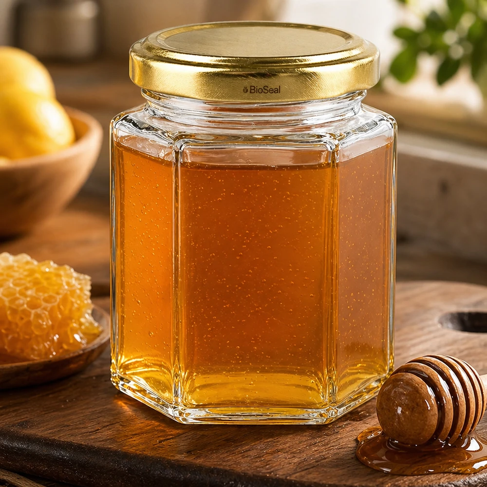 UNiTWIST Hexa196 Honigglas mit goldenem TO58 BioSeal Deckel gefüllt neben Honigwabe und Honiglöffel auf Holzbrett