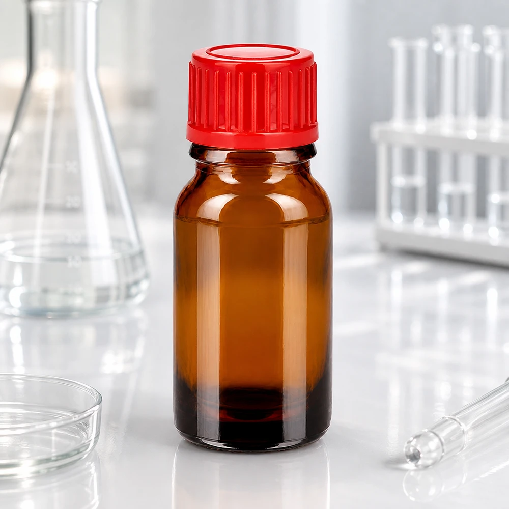 10ml Flasche 11mm Schraubverschluss rot Standard BrownLine UT18/10 Lichtschutz 10ml Flasche in Bernsteinfarbe mit rotem 11mm Verschluss für Laborgebrauch