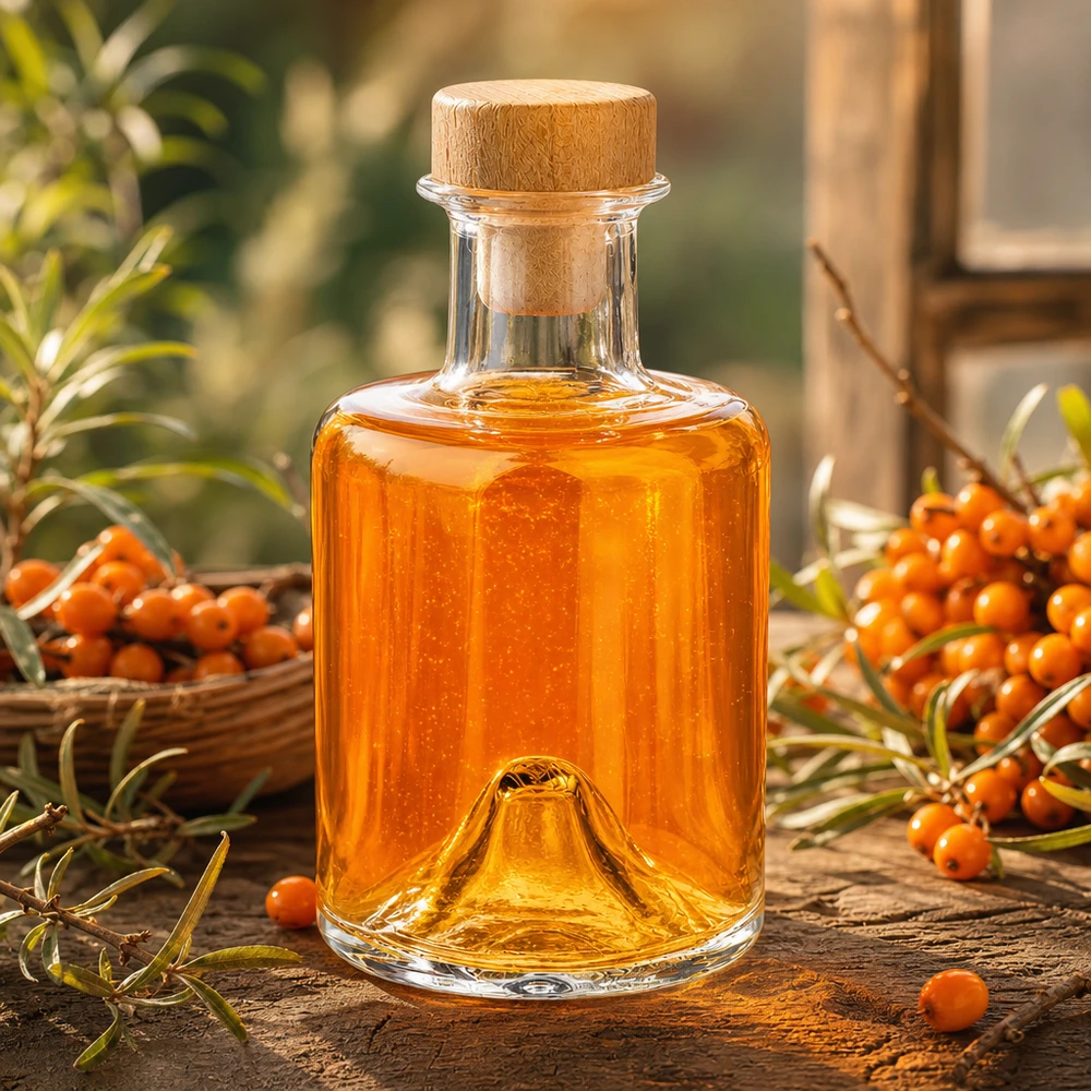 200ml Glasflasche "Sofia" mit Holzgriff-Korken UNiTWIST 200ml Glasflasche Sofia mit Holzkorken gefüllt mit orangefarbenem Öl neben Sanddornbeeren auf Holztisch