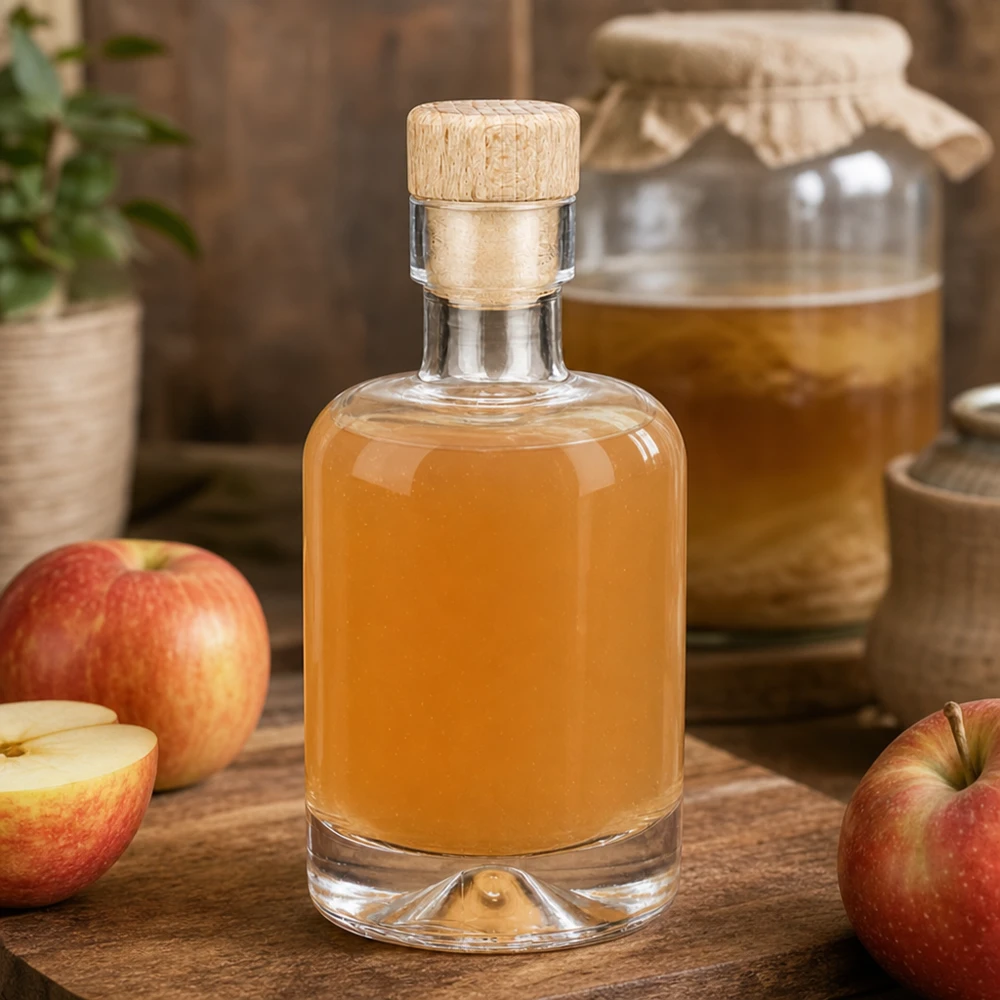 50ml Glasflasche "Attila" mit Holzgriffkorken UNiTWIST 50ml Glasflasche Amelie mit Apfelbrand befüllt zwischen frischen Äpfeln und Honigglas rustikal auf Holztisch dekoriert