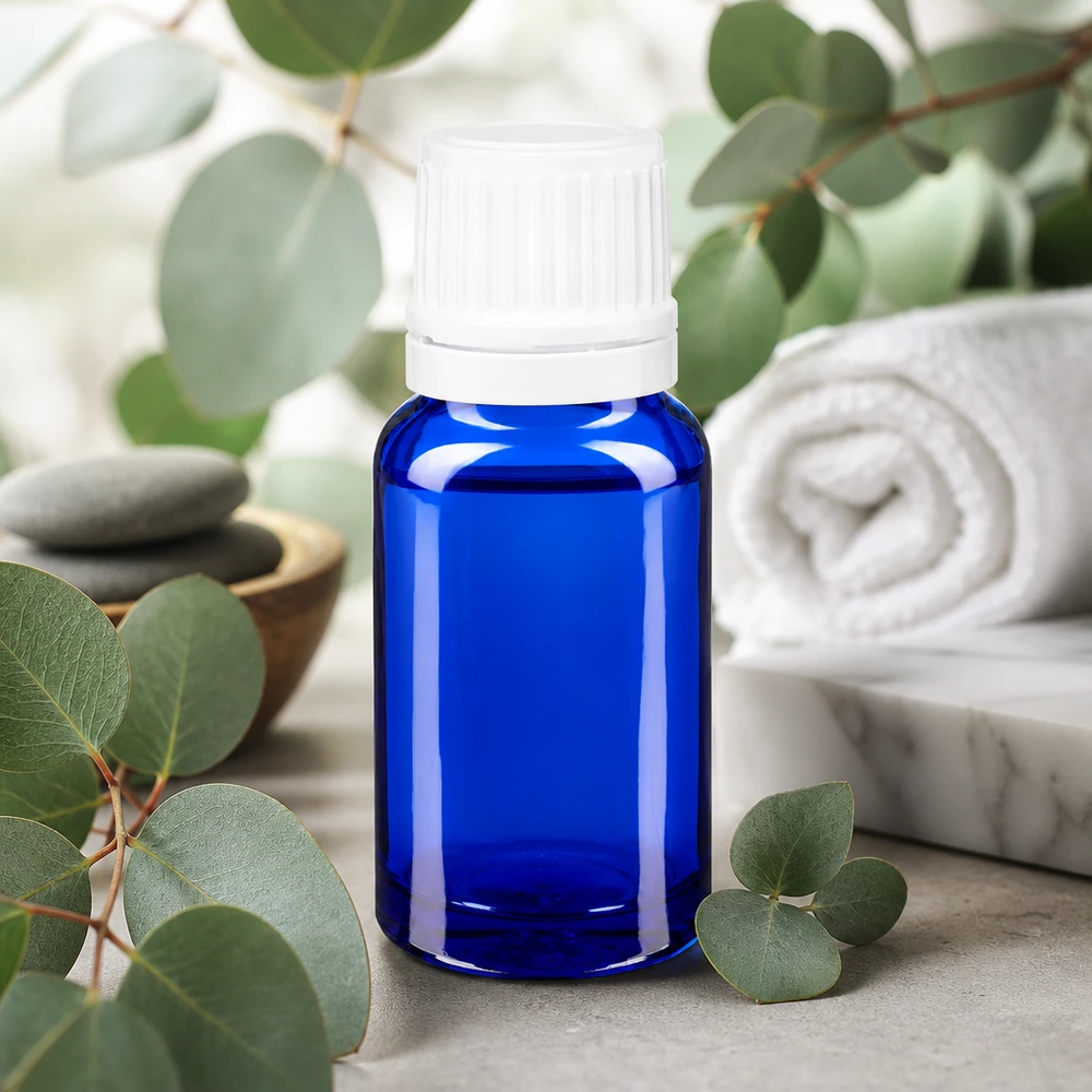 Apothekenflasche blau 10ml Tropfverschluss 1.2mm weiß Originalitätsverschluss Kompakte blaue Tropfflasche 10ml mit weißem Schraubverschluss auf Marmor
