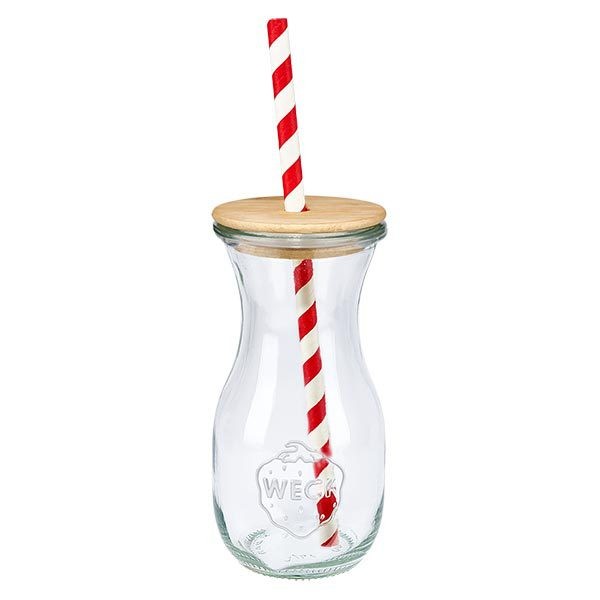 6 x WECK 290ml Saftflasche RR60 mit Holzdeckel und 100 Öko S WECK Trinkflasche 290ml transparent mit Holzdeckel und rot-weißem gestreiftem Papierstrohhalm Einzelansicht