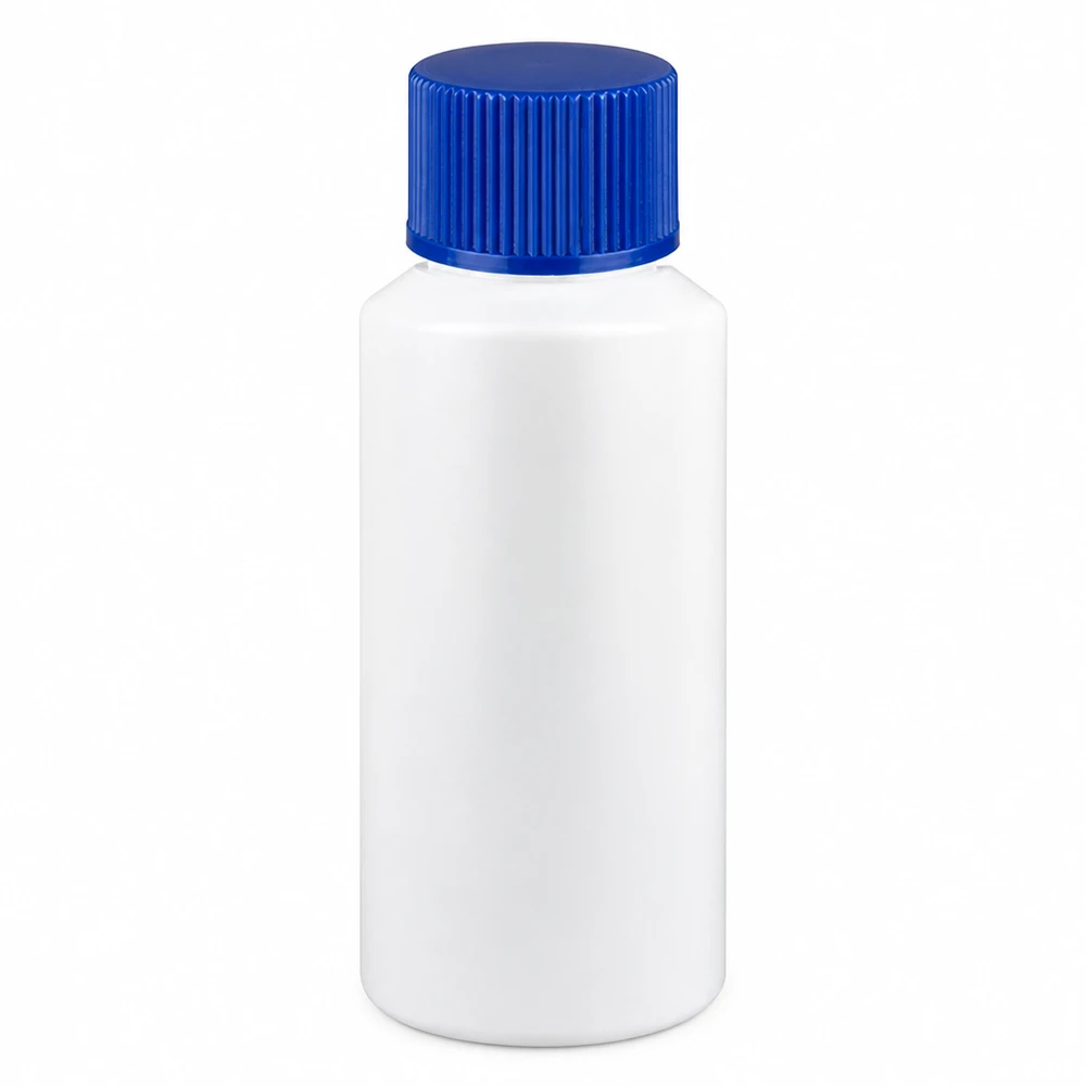 Kompakte weiße Apothekenflasche 30ml HDPE lebensmittelecht mit blauem Verschluss