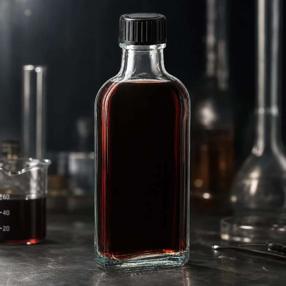 Flache Klarglasflasche 100ml mit geripptem schwarzem Schraubdeckel und tief dunkelroter Füllung