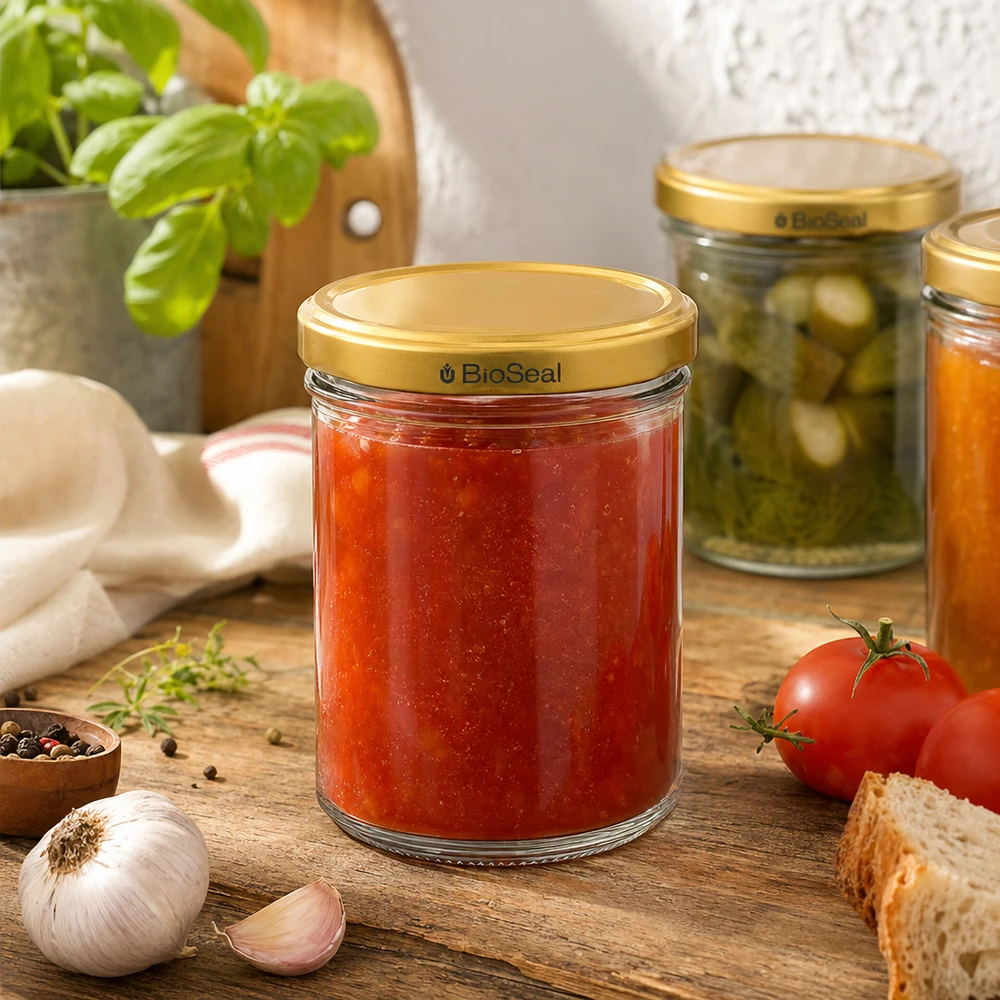 200g Honigglas mit goldenem Deckel BioSeal UNiTWIST 200g Honigglas mit goldenem BioSeal Deckel gefüllt mit Marmelade in Küchenszenerie mit Tomaten und Gewürzen