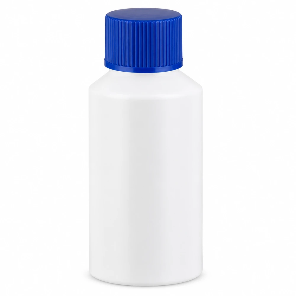Lebensmittelechte HDPE Flasche 50ml weiß mit blauem Verschluss für Flüssigkeiten
