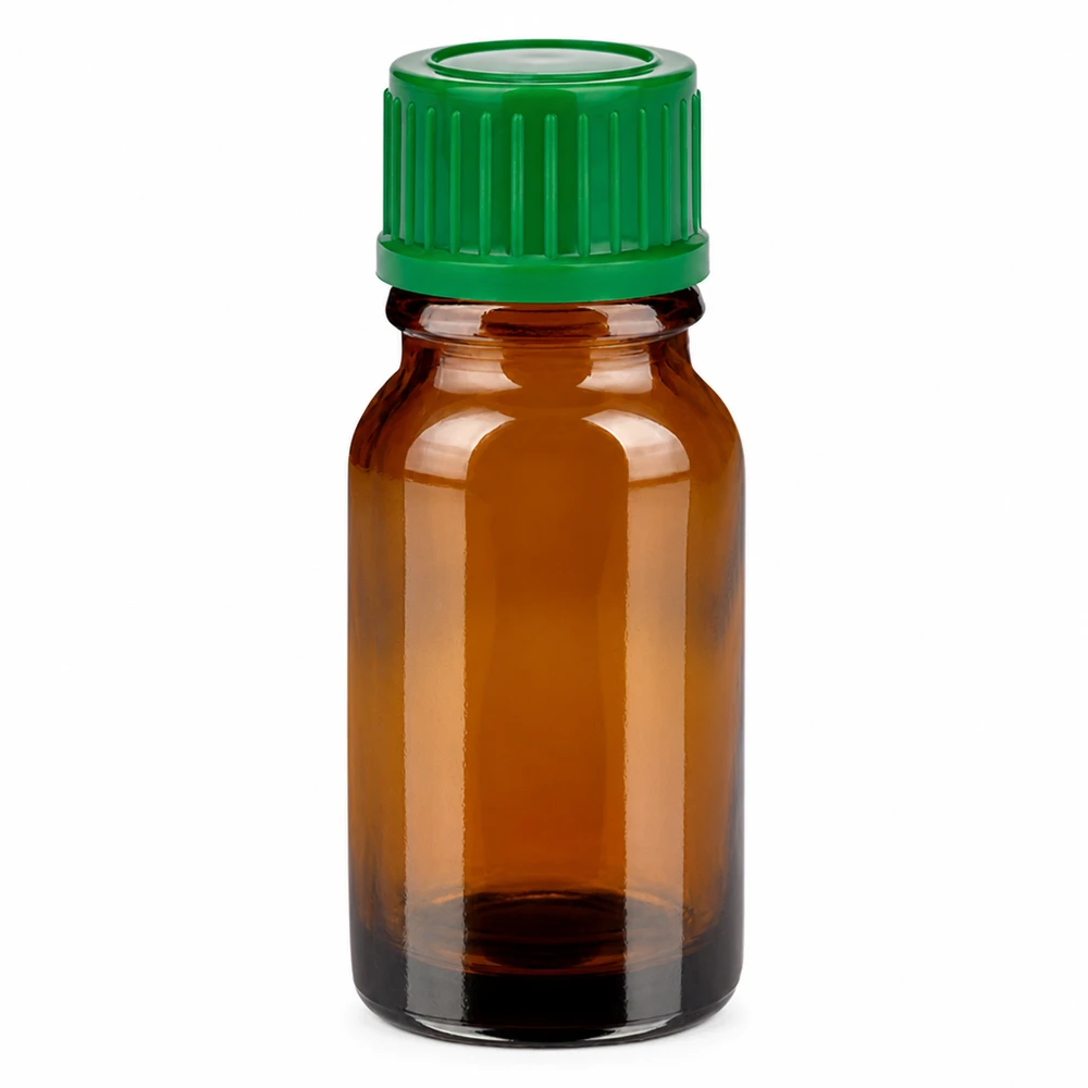 Handliche 10ml Glasflasche in Bernsteinfarben mit grünem Schraubdeckel für Essenzen