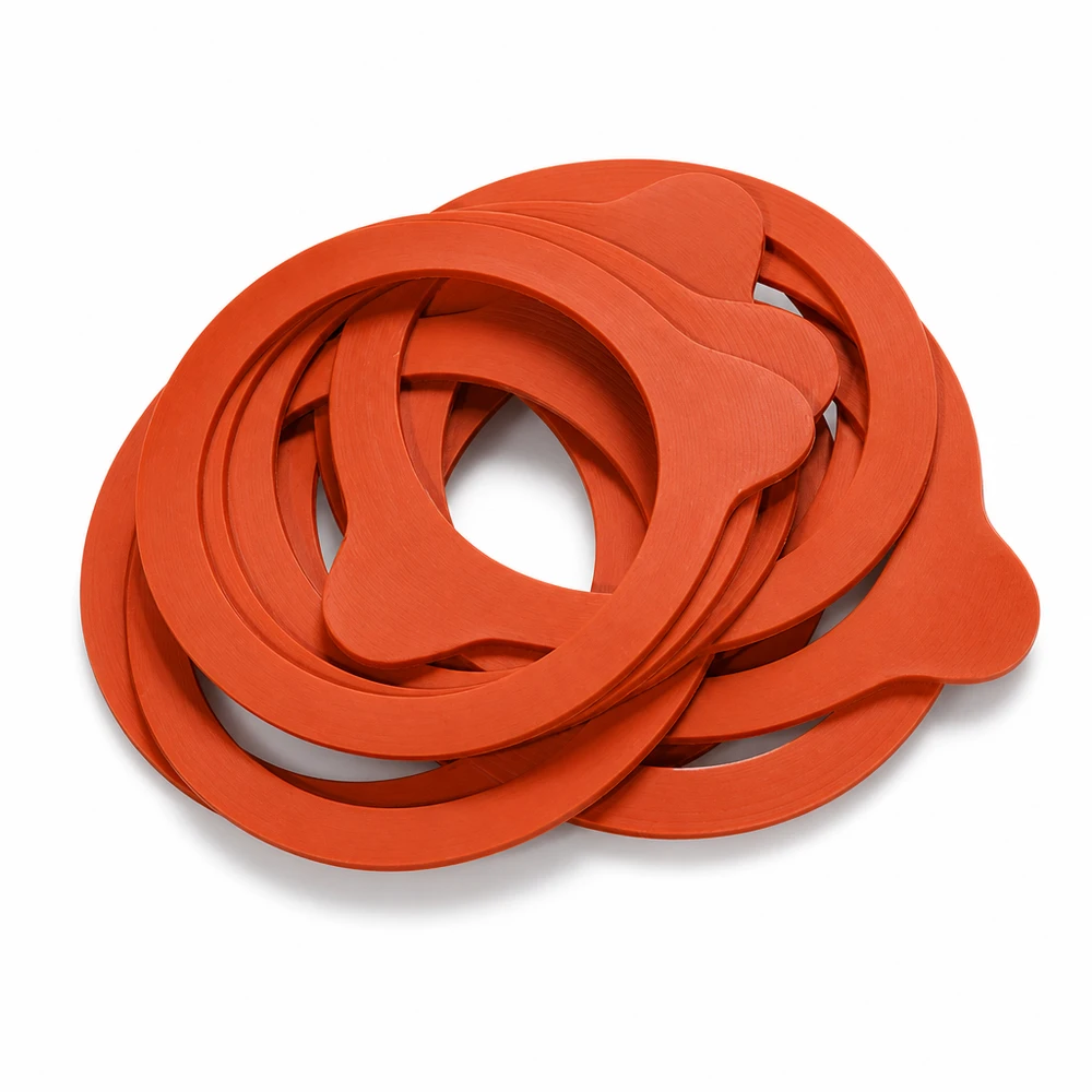 Einkochring Naturgummi RR60 Einkochringe RR60 Naturgummi orange gestapelt ineinander verschachtelt Detailaufnahme Gummidichtungen Weckgläser