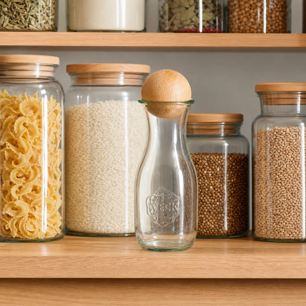 530ml Saftflasche WECK RR60 mit Holzkugel Buche WECK Saftflasche 530ml mit Buchenholzkugel in organisierter Vorratskammer zwischen Gläsern mit Pasta und Reis