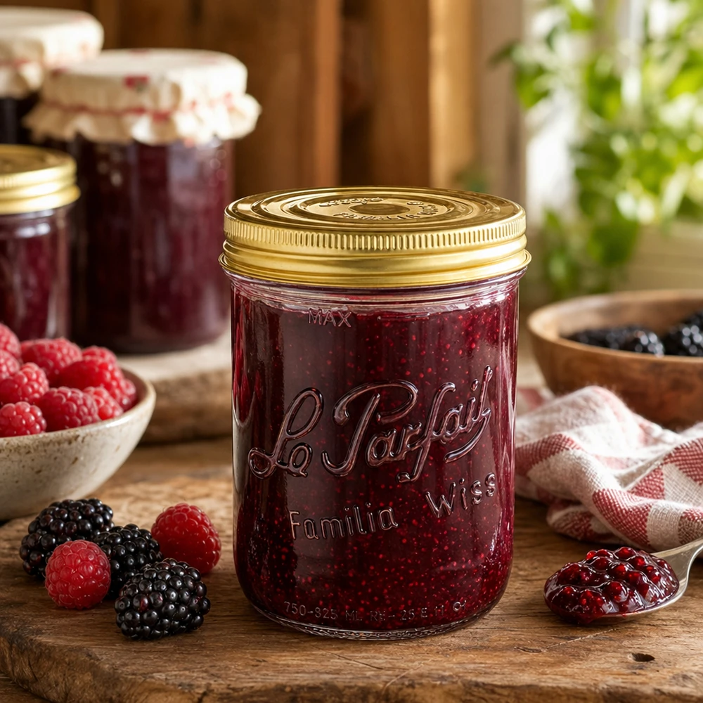 Sturzglas Familia Wiss 1020ml mit 2-teiligem Deckelsystem Le P gefüllt mit Beerenmarmelade auf Holztisch