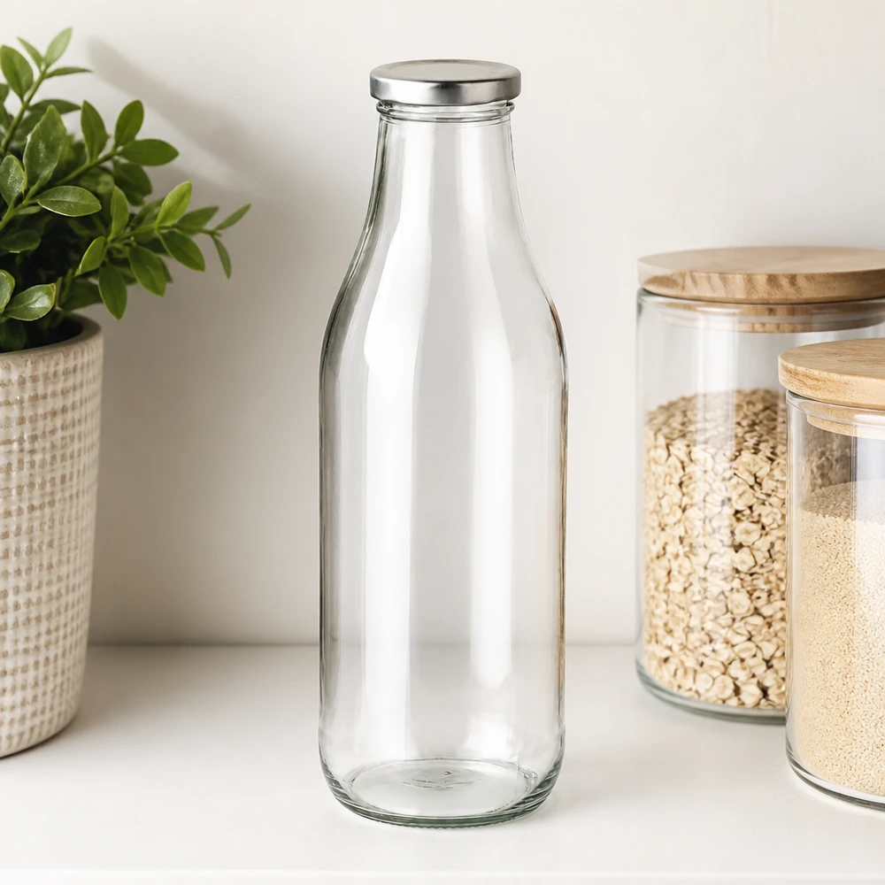 1000ml Glasflasche + BasicSeal Deckel silber UNiTWIST 1000ml Glasflasche mit BasicSeal Deckel silber neben Vorratsgläsern mit Getreide und Pflanze moderne Küchenorganisation
