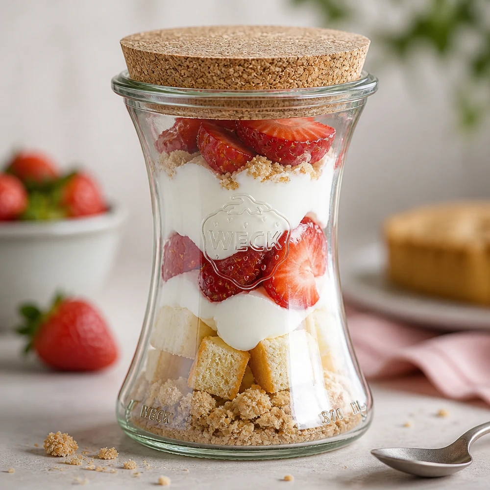 WECK Glas 370ml RR80 als Dessertbecher mit Schichtdessert aus Erdbeeren Joghurt und Kekskrümeln befüllt