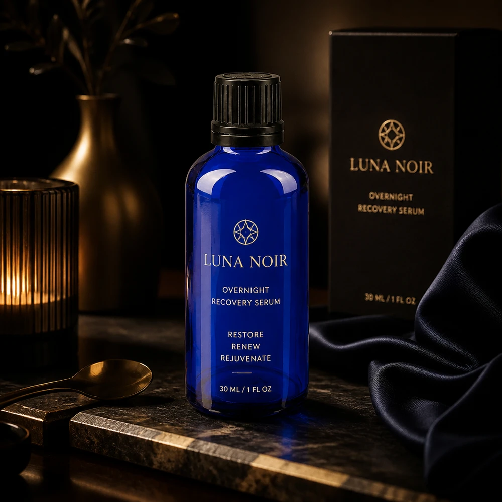 50ml blaue GR OV Flasche ApoGlas in Premium-Produktinszenierung mit Kerzenlicht und Seidenstoff