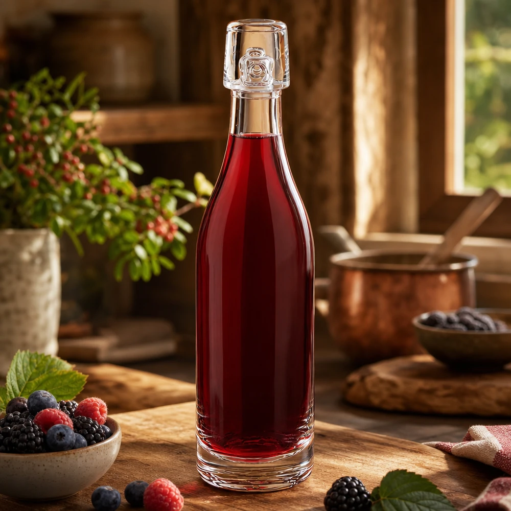 50ml Glasflasche UNiTWIST mit rotem Beerensaft gefüllt neben frischen Beeren auf rustikalem Holztisch Küche